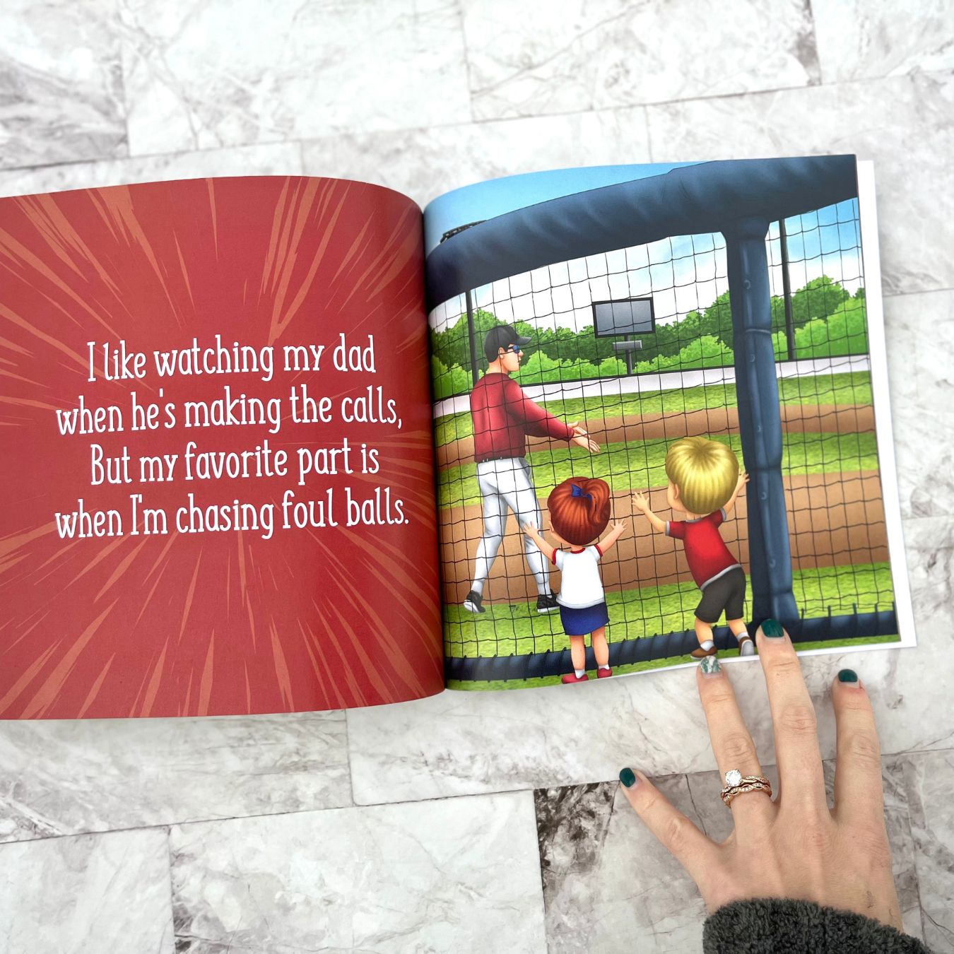 inside of baseball coach book with kids watching their dad coach in a baseball game