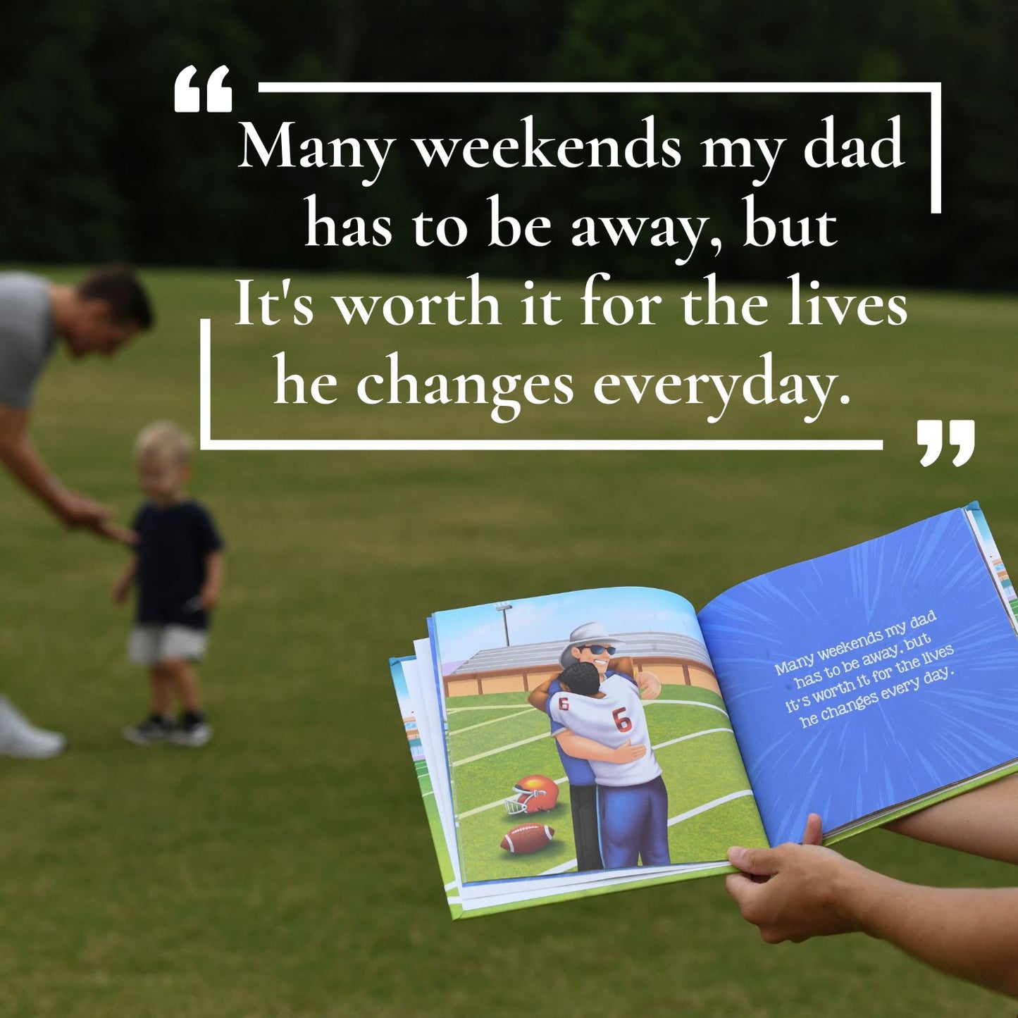open page of book with coach playing with son