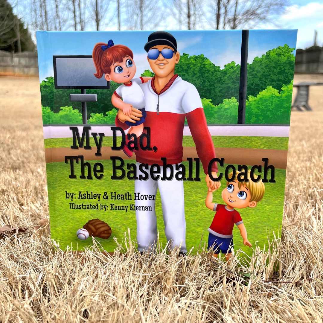 book cover of baseball coach dad with two kids on baseball field